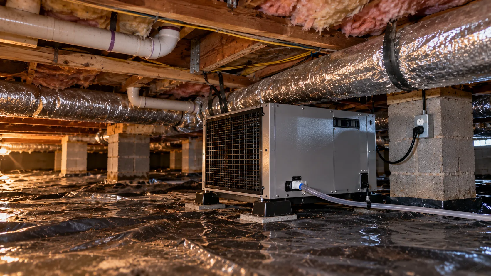 A crawl space dehumidifier installed on a sealed vapor barrier floor