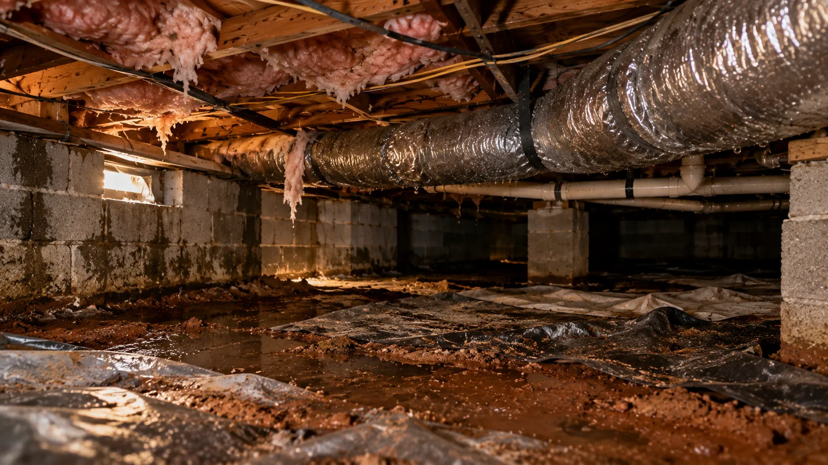 A damp crawl space with standing water before a dehumidifier is installed