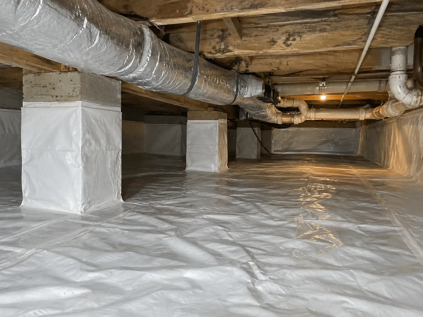 The same crawl space after encapsulation, with a sealed vapor barrier across the floor and piers