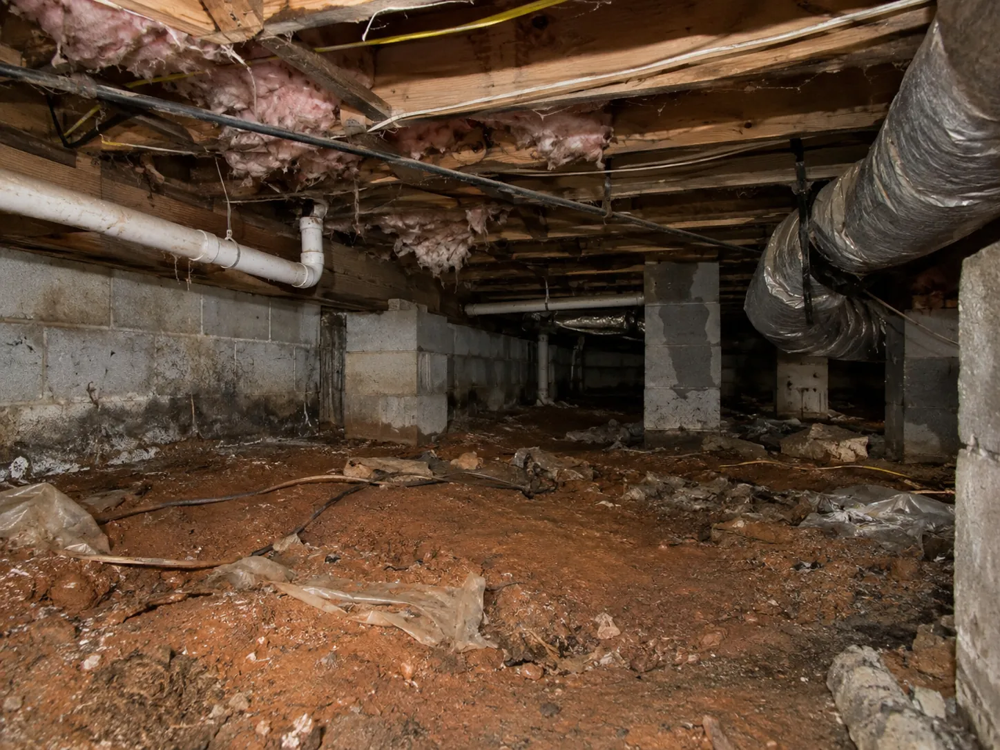 An unsealed crawl space with exposed dirt, insulation and ductwork before encapsulation