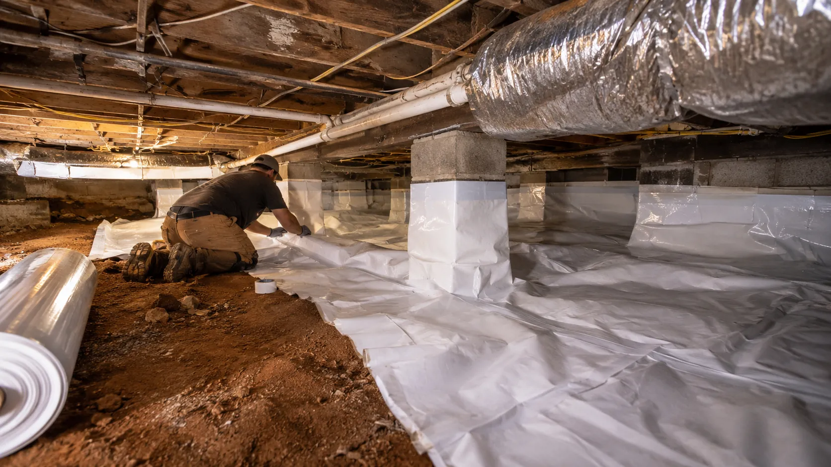 A fully encapsulated crawl space with a sealed white vapor barrier on the floor, walls and support piers