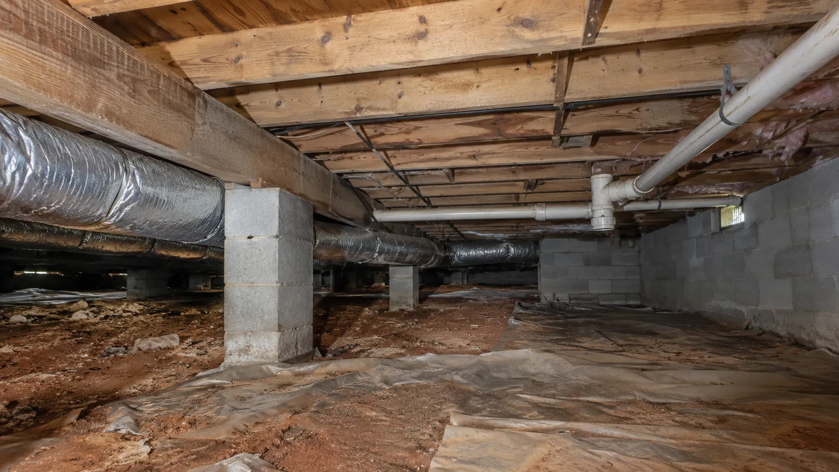 Clean floor joists in the same crawl space after mold remediation