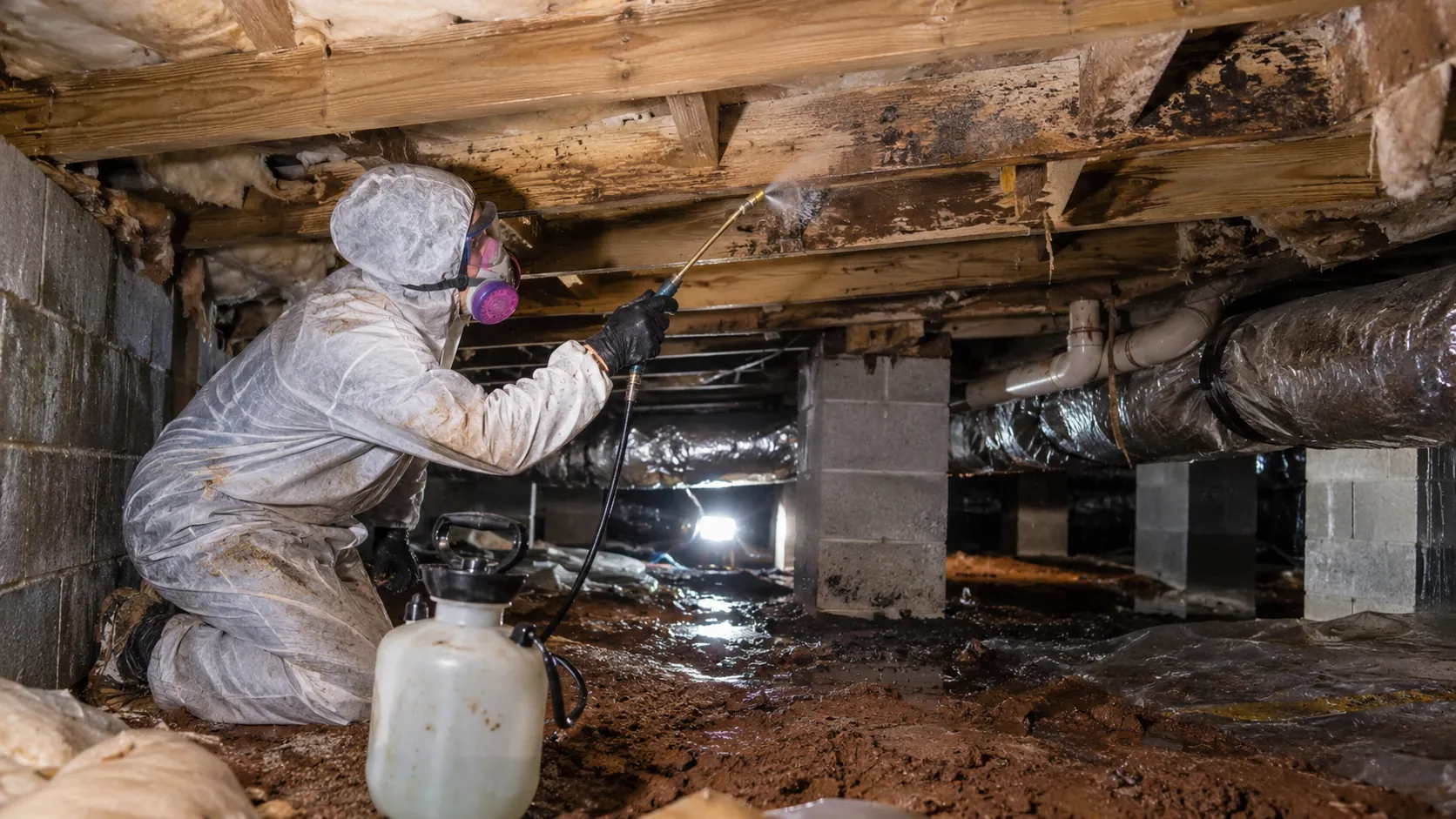 A technician in protective equipment treating mold on crawl space floor joists
