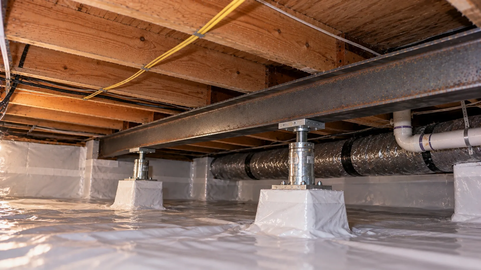 A new steel support beam on adjustable steel jack posts, installed over a sealed crawl space floor