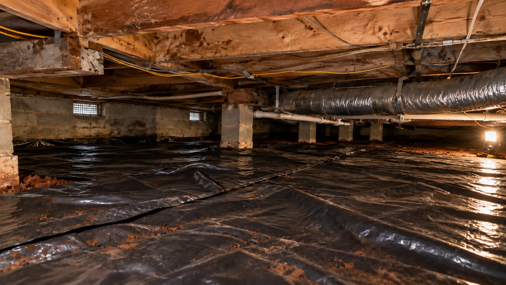 A ground vapor barrier installed across a crawl space floor